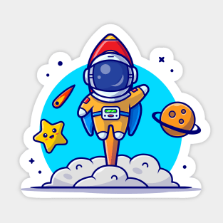 Cute Astronaut Launch with Rocket Cartoon Vector Icon Illustration Sticker